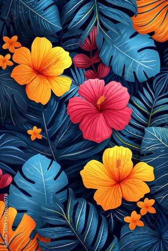 A vibrant assortment of flowers and leaves displayed against a striking blue backdrop.