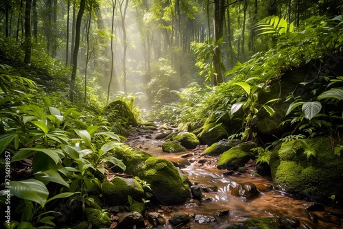 Serene forest stream with sunlight filtering through lush green foliage and moss-covered rocks.