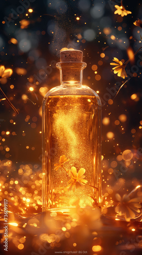 Transparent bottle of perfume on a background. Fragrance presentation with lights. Trending concept in natural materials with beautiful shadow. Women's essence.