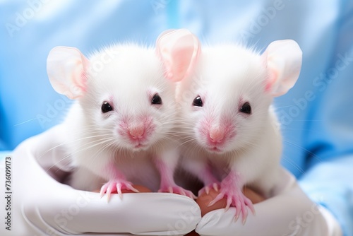 Scientist holding laboratory mice for animal testing, close-up in white coat, biomedical research photo