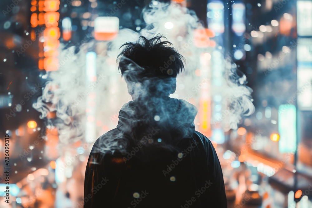 Mysterious person in smoke against vibrant city lights at night, creating a moody urban atmosphere without revealing identity.