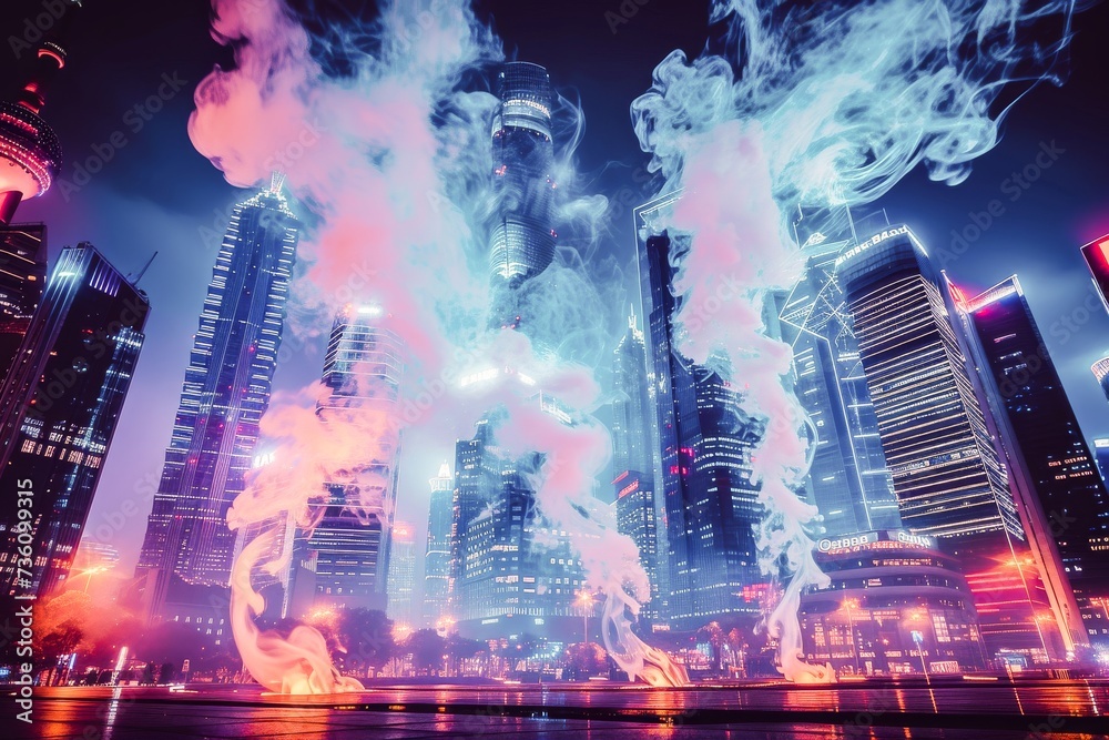 Futuristic cityscape at night with glowing neon lights and dynamic smoke against skyscrapers.