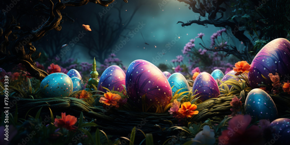 Many easter eggs in the forest realistic
