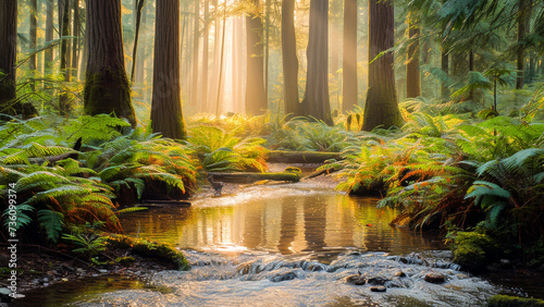 Serene forest scene with sunrays peering through tall trees, reflected in a calm stream surrounded by lush greenery.