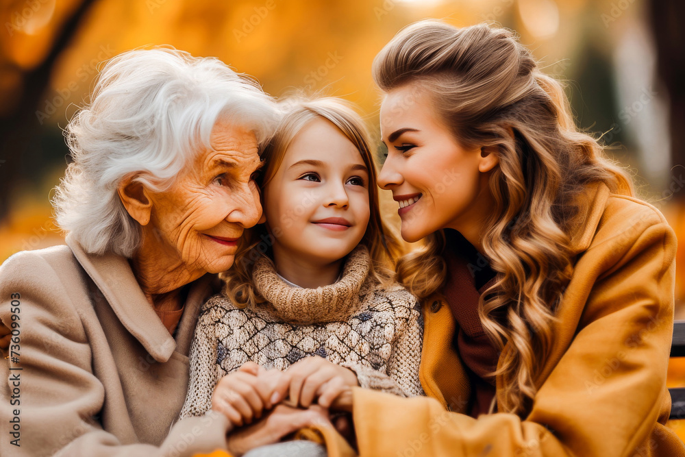 A warm family moment with a grandmother, mother, and child embracing and smiling together in an autumn park.