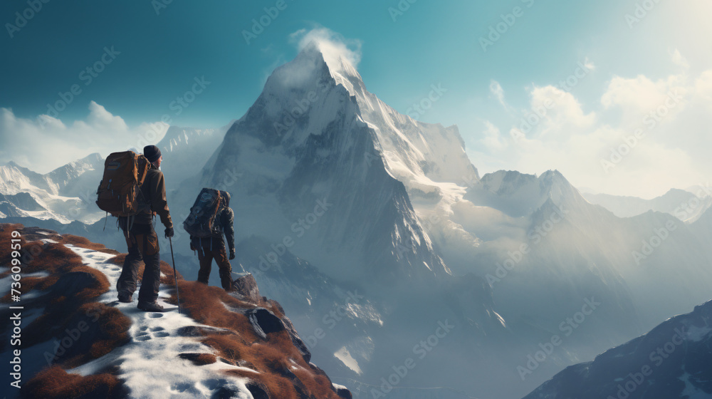 Two men climbing wintery mountains