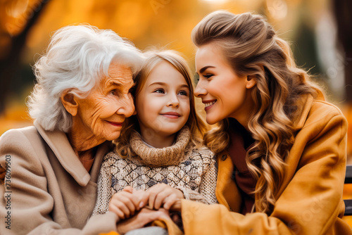 A warm family moment with a grandmother, mother, and child embracing and smiling together in an autumn park.