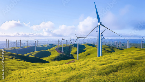 Wind turbines on green rolling hills under a blue sky with clouds, representing clean, renewable energy and sustainable technology.