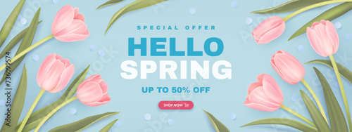 Spring special offer vector banner blue background with spring season sale text and tulip flowes. Can be used for web banners, wallpaper, flyers #736099574
