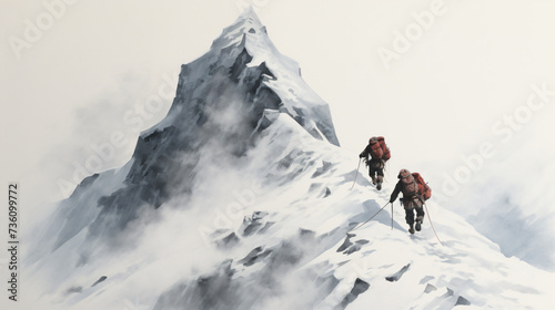 Two men climbing wintery mountains