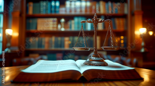 Scales of justice against the background of a lawyer's modern office. Legal work concept.