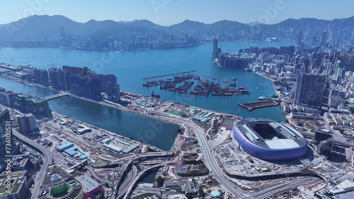 Seaside commercial and residential construction project in Kai Tak Sports Park Cruise Terminal Hong Kong Kowloon city, Kwun Tong and Kowloon Bay near Victoria harbor, Aerial drone skyview