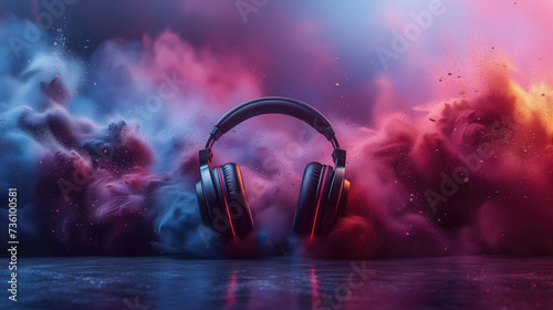 Musical headphones against a background of bright smoke. Minimalistic musical idea. Music Day, banner.