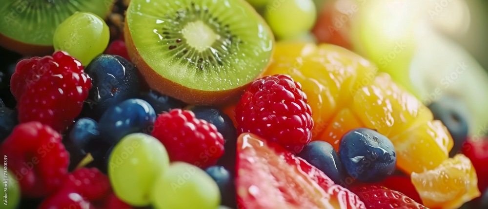 Vibrant close-up of fresh mixed fruit with water droplets and soft lighting.
Vibrant close-up of fresh mixed fruit with water droplets and soft lighting.