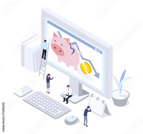 recession and bankrupt concept,business graph on the laptop with pig bank