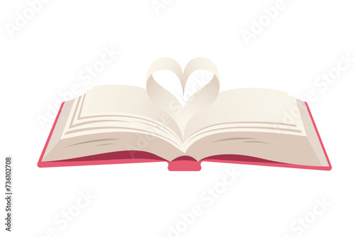 Open book with pages cartoon style. Vector the heart symbol formed by the book page. isolated on background. World book day.