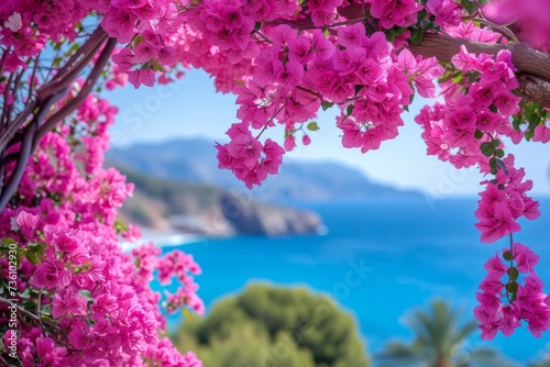  bright pink bougainvillea flowers framing a serene view of the ocean with coastal cliffs in the background, showcasing natures picturesque harmony photo