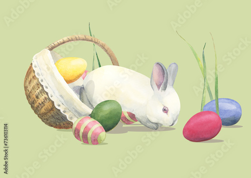 Watercolor Easter eggs and bunny in a basket