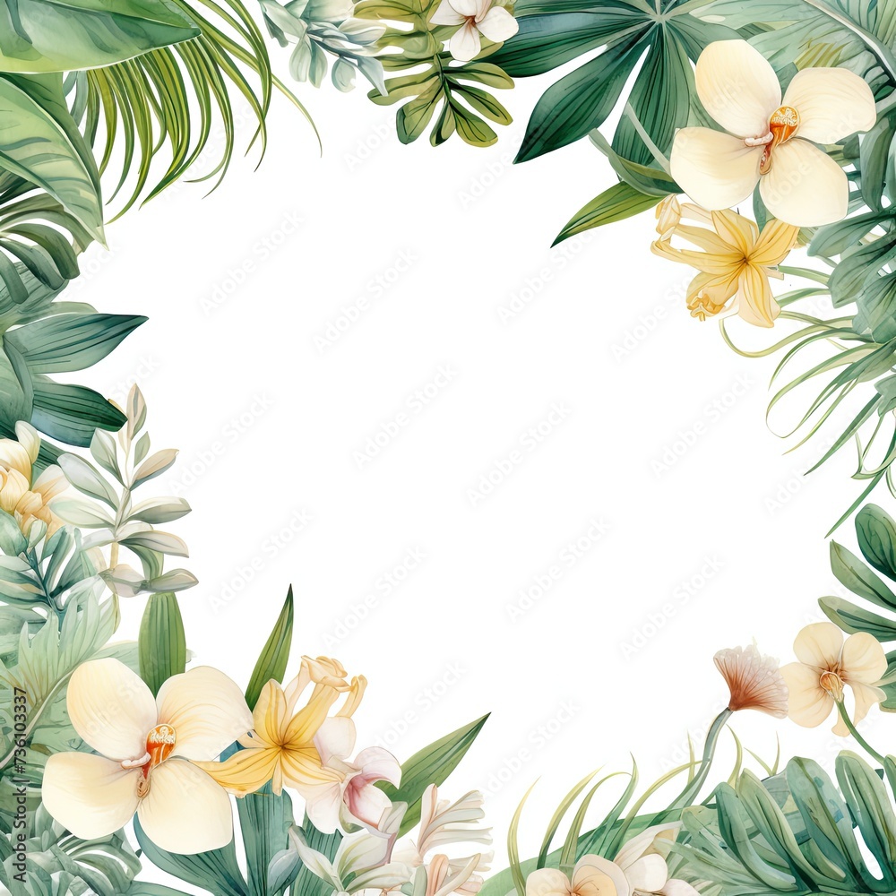 Naklejka premium a watercolour delicate muted colour border of exotic tropical leaves at the bottom of the page on a white background with few tropical flowers. The leaves and flowers are elegant and delicate and look