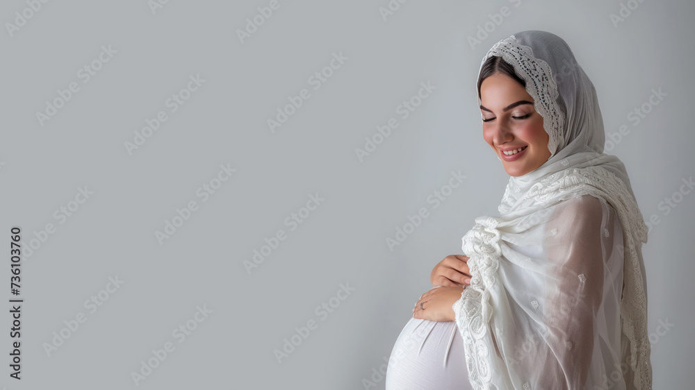 Arab pregnant woman with pregnancy belly, in soft white clothes Arab pregnant woman with pregnancy belly, in soft white clothes