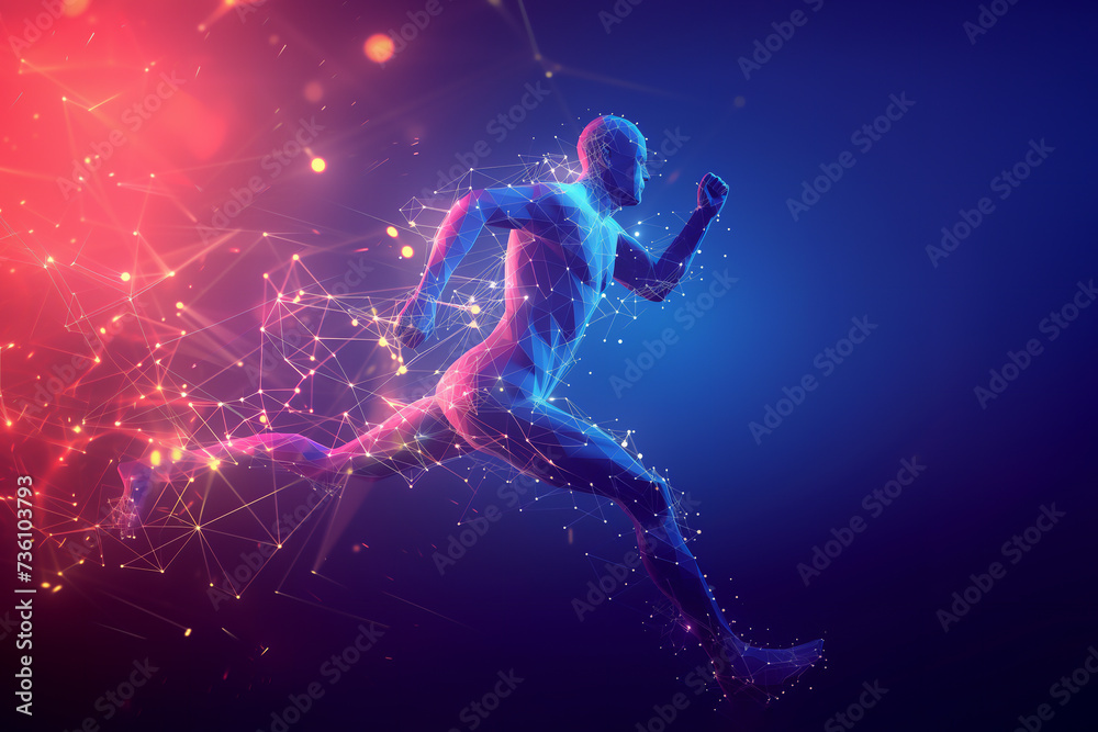 An abstract conceptual depiction of a male athlete runner emerges from interconnected lines and dots capturing the sprinter running in motion, stock illustration image