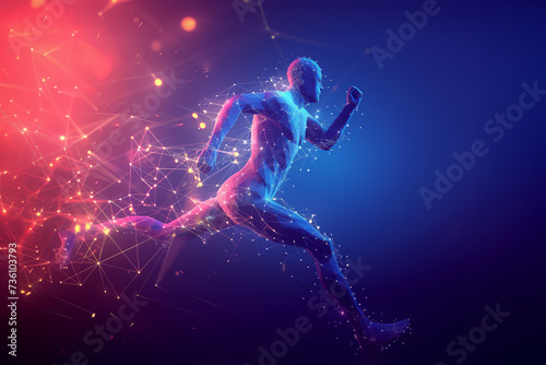 An abstract conceptual depiction of a male athlete runner emerges from interconnected lines and dots capturing the sprinter running in motion, stock illustration image © Tony Baggett