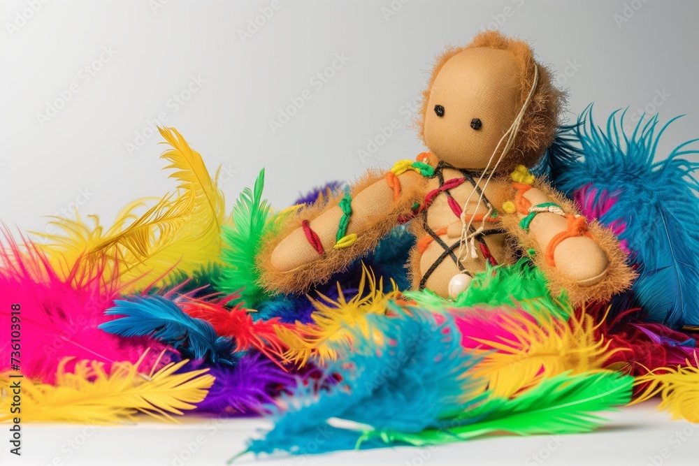 voodoo doll with colorful feathers in studio voodoo doll with colorful feathers in studio