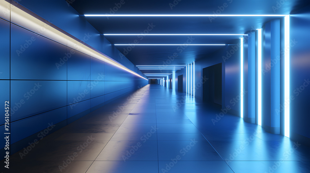 Long Hallway With Blue Walls and Lights