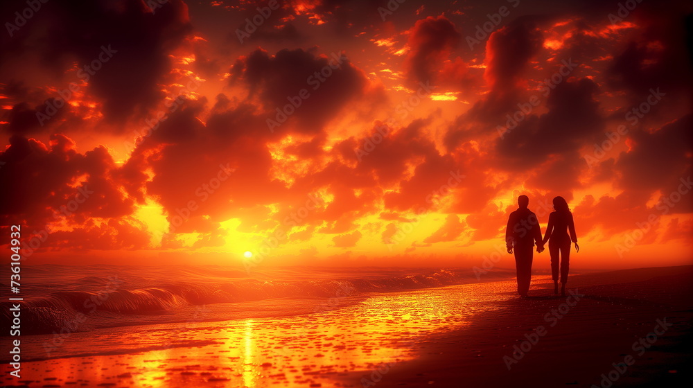 A couple walks hand in hand on a beach at sunset, with vibrant colors and waves gently lapping the shore. A couple walks hand in hand on a beach at sunset, with vibrant colors and waves gently lapping the shore.