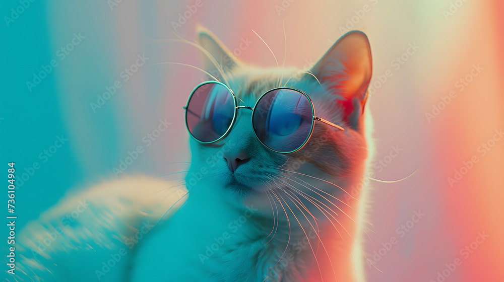 White Cat Wearing Sunglasses With Rainbow Background