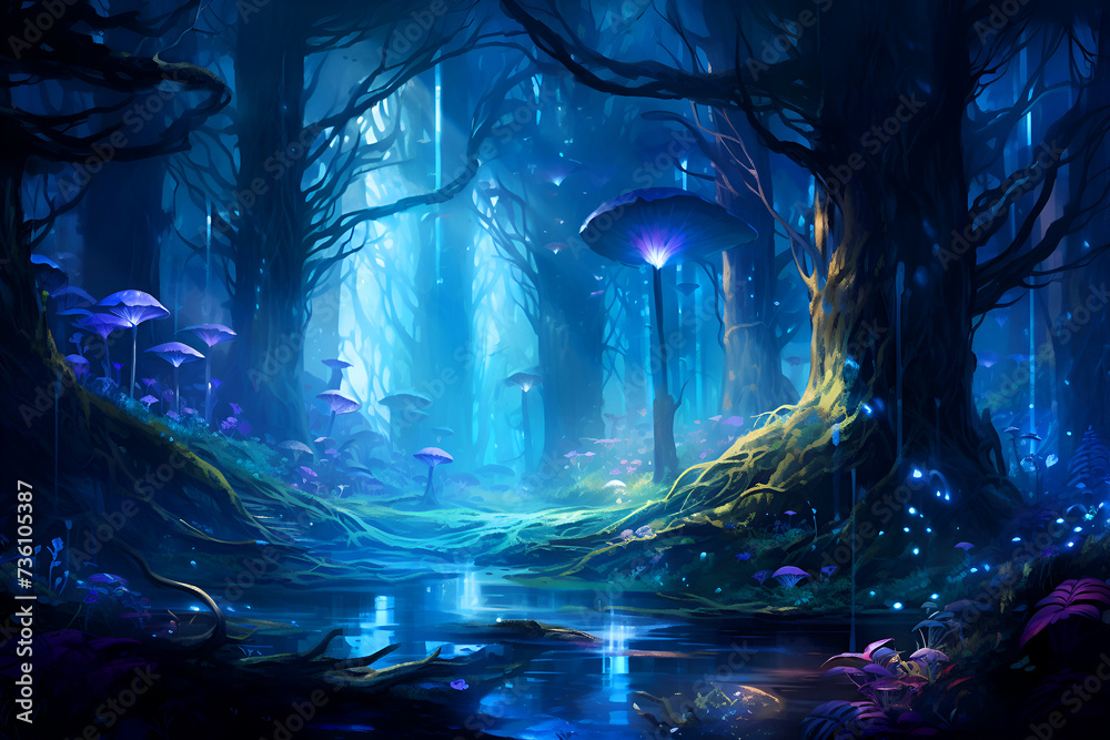 Fantasy landscape with a fantasy forest and a river. 3d rendering