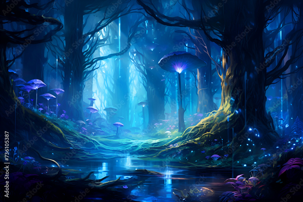 Obraz premium Fantasy landscape with a fantasy forest and a river. 3d rendering