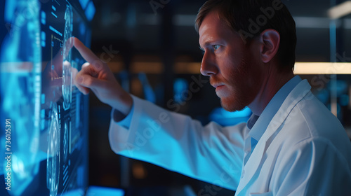 Scientist Pointing at Screen in Laboratory