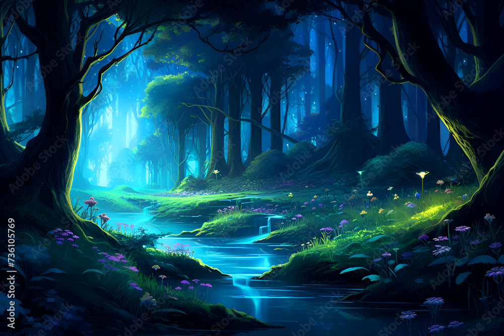 Fantasy dark forest with a stream of water. 3d rendering