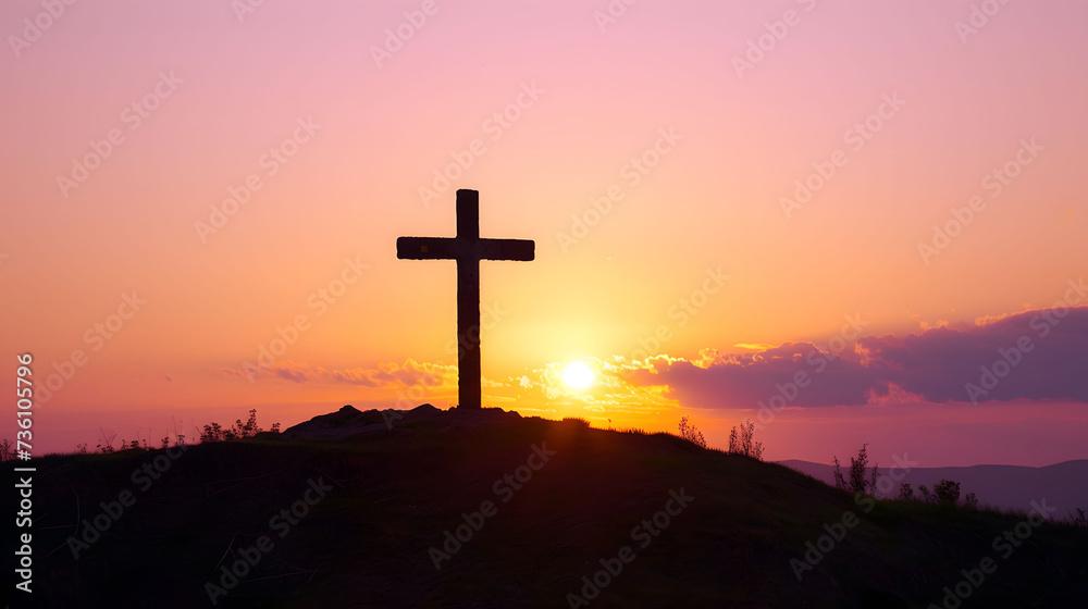 Cross Silhouetted on Hilltop at Sunset