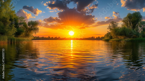 Sunset over a calm lake with the sun s reflection on water  flanked by trees and clouds.