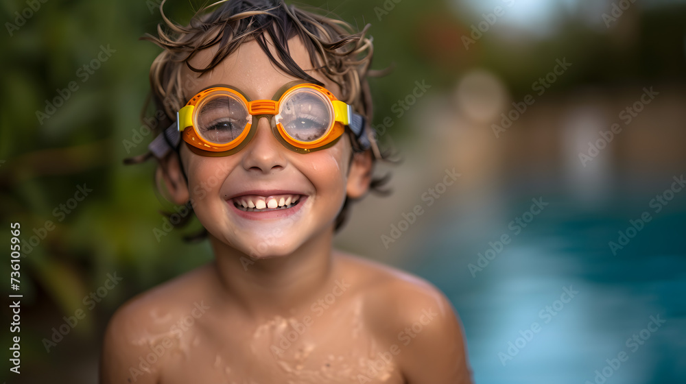 Young Boy Wearing Goggles by Swimming Pool