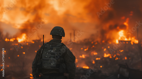Soldier Standing in Front of Large Fire