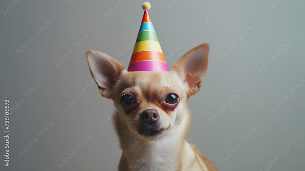 Small Chihuahua Dog Wearing a Party Hat.
