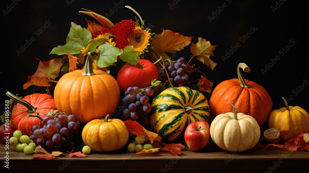 Thanksgiving pumpkins with fruits and falling leaves.