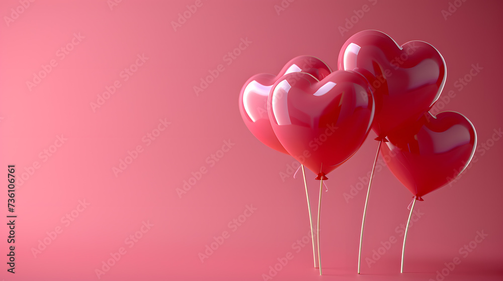 Group of Red Heart Shaped Balloons on Pink Background