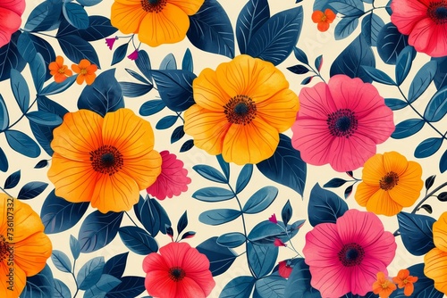 A vibrant pattern of colorful flowers set against a clean  white background.