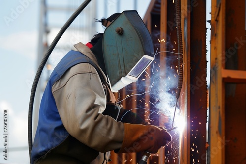 welder with electrodes connecting metal elements of a bridge photo