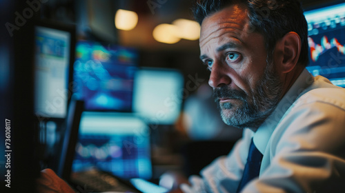 Stock Trader Working at Computer Monitor