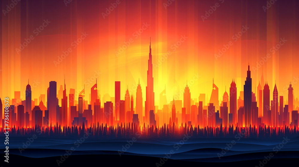 Silhouette of a bustling city skyline against a fiery orange sky with vertical light rays emanating upwards.