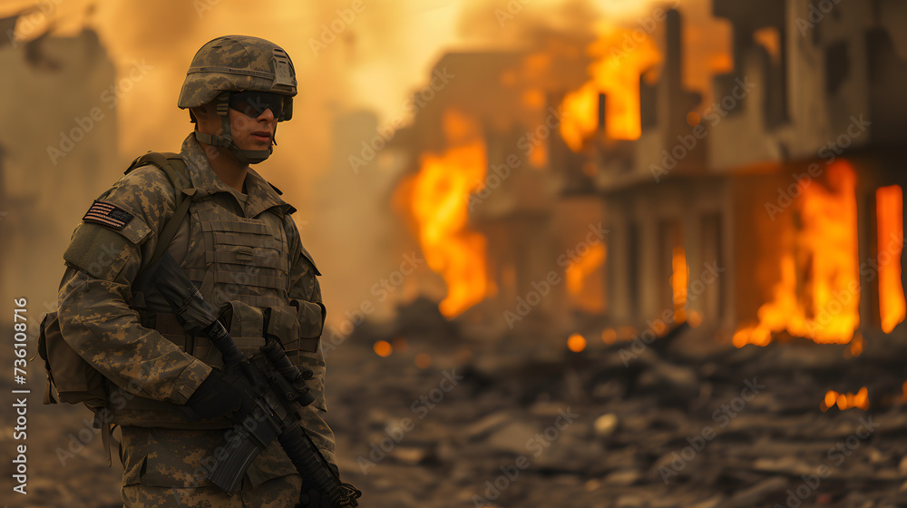 Soldier Standing in Front of Fire