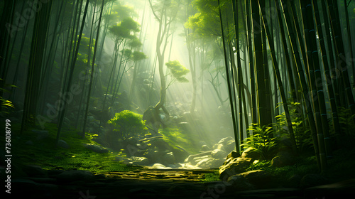 Green bamboo forest with sunlight in the morning. Bamboo forest background © Wazir Design