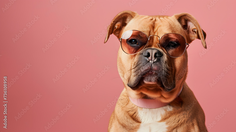 Brown and White Dog Wearing Glasses on Pink Background