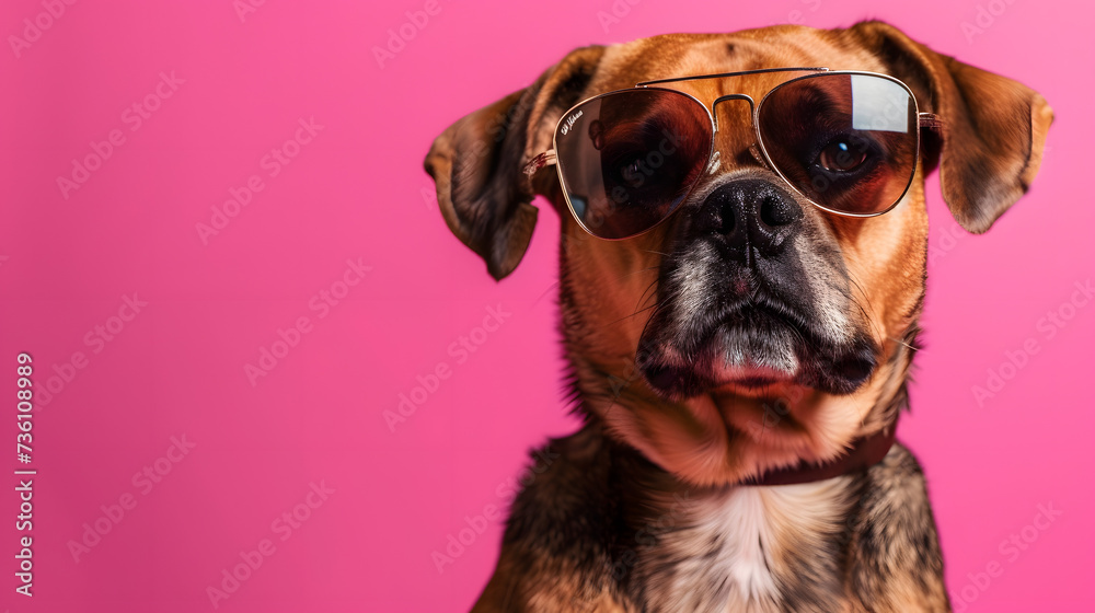 Stylish Dog Wearing Sunglasses on Pink Background