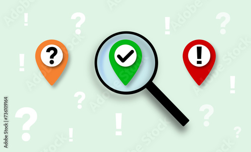A magnifying glass focused on the right decision with a pointer icon. Planning the right decision to the right success and goal.